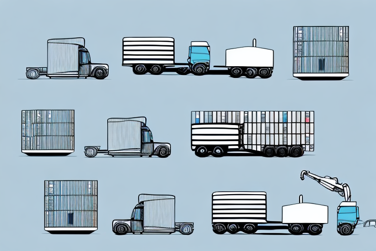 An illustration of trucks and shipping containers in various configurations, with some containers detached and others being loaded by a crane. Highlighting cargo owners liability within the supply chain coverage, the scene is set against a light blue background.