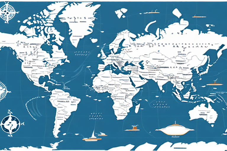 A world map showcasing a blue ocean background and white continents, enriched with import mapping, historical sea routes, and illustrations of various ships and sea monsters in a vintage style. Compass roses adorn the corners, offering a nod to UPS WorldShip navigation tools.