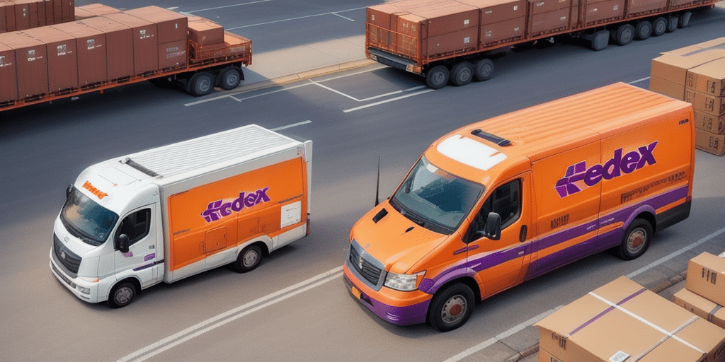 Two delivery trucks, one white and one orange, are parked on a road next to a loading area with stacks of packages. The trucks are branded with a purple and orange logo. In the background, cargo trucks loaded with containers can be seen, while Ship Manager operations ensure efficient logistics.