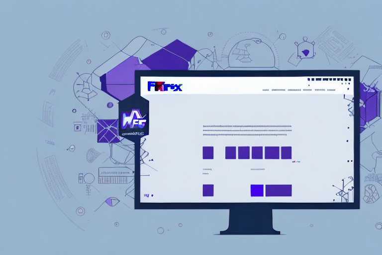 A computer monitor displays a website design with geometric elements and various icons, including FedEx Ship Manager, surrounding the screen. The light blue background contrasts with the layout featuring text and image placeholders, perfect for troubleshooting Error 11290 in style.