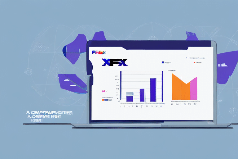 A laptop displaying a graph with bar and line charts labeled XFX shows how to generate an End of Day Report. The background is light blue with abstract shapes, and the text A COMPANIONGETTER A ONERAGE MPAGE QUIPT appears on the left.