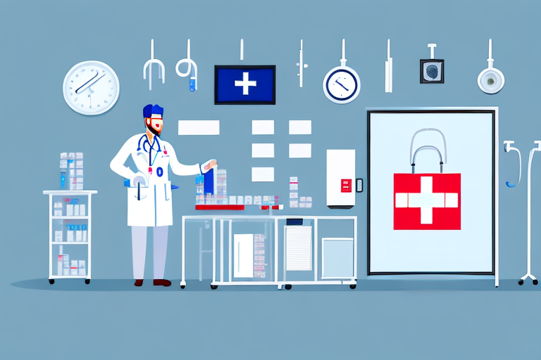 A doctor in a white coat stands amidst advanced medical facilities in a room equipped with essential tools. They hold a clipboard, surrounded by supplies on a cart and a cabinet marked with a red cross. Clocks and charts line the walls, highlighting the importance of ensuring safe blood practices.