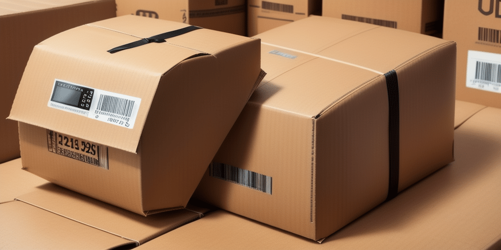 Close-up of several large, stacked cardboard boxes, two prominently displayed in the foreground. One box has a barcode and a shipping label, perhaps generated via WorldShip. Black straps secure the parcels, suggesting theyre ready for transport or that a UPS Call Tag is in use.