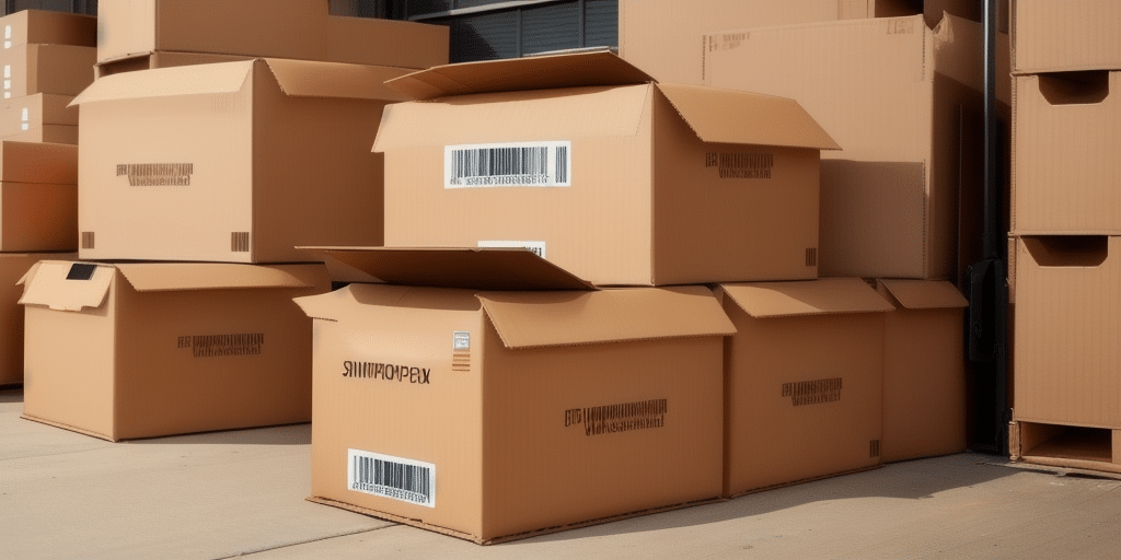 A stack of large brown cardboard boxes sits outside on a sunny day, some open and others closed, with visible barcodes and labels. Arranged in varying orientations against a building wall, the boxes await processing through UPS Worldship to modify shipper information.