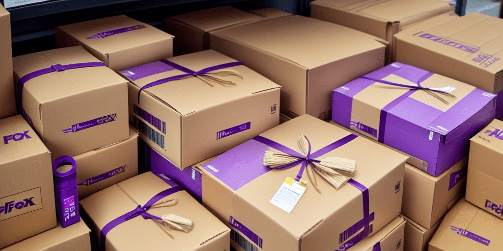 Stacks of cardboard boxes wrapped with purple ribbons, some featuring the FOX logo, await on the warehouse floor. A small bundle of straw embellishes a few packages. Neatly organized for FedEx Shipping, they’re prepared to ship multiple labels swiftly and efficiently.