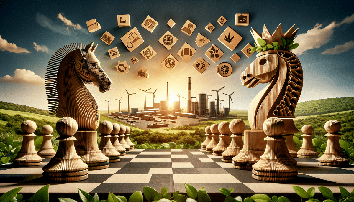 A surreal chessboard scene with wooden knight pieces stands as a metaphor for industries like Georgia-Pacific and WestRock. Icons hover above against a sunset, depicting technology, energy, and nature. Wind turbines and industrial buildings loom in the background, inviting thoughtful comparison.