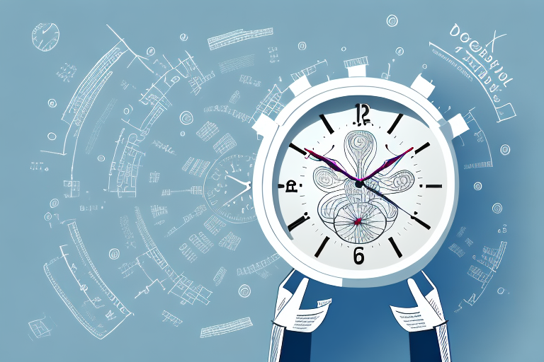 Two hands hold a large clock with intricate abstract designs on the dial, set against a blue background filled with diagrams and symbols, suggesting a fusion of time, promised timeframes, and complex concepts.