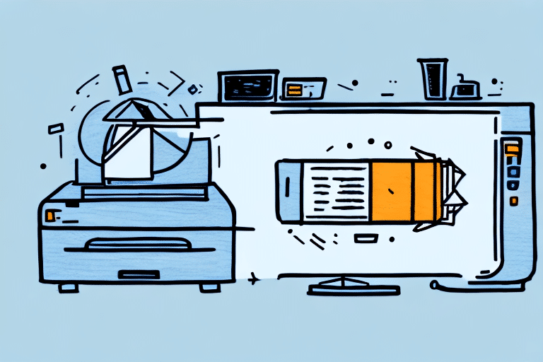 An illustration of a 3D printer setup crafting a large battery, constructing it layer by layer. Digital interface elements and control buttons surround the scene, reminiscent of a FedEx Ship Manager display. The background features a calming light blue shade.