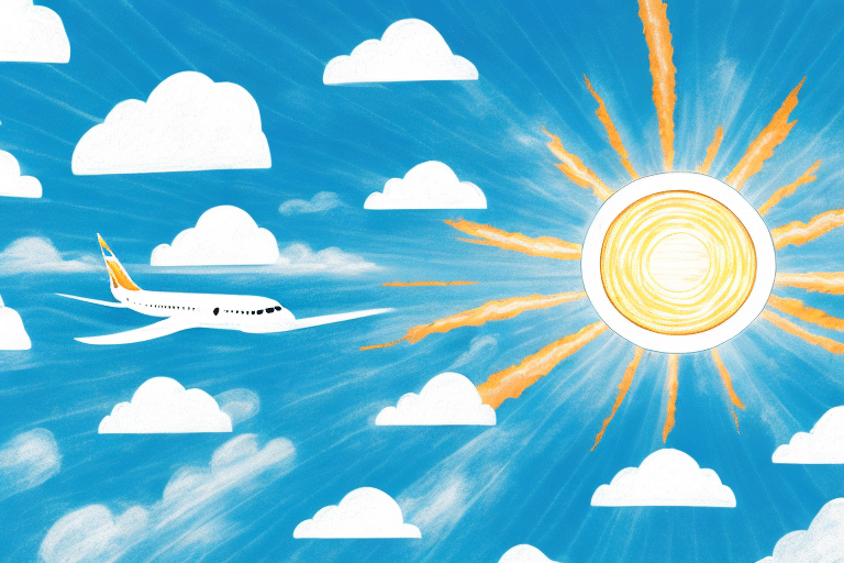 Illustration of a white airplane operated by one of the legacy carriers flying through a bright blue sky with fluffy white clouds. A large, radiant sun with glowing orange rays is on the right side, creating a vibrant and cheerful scene.