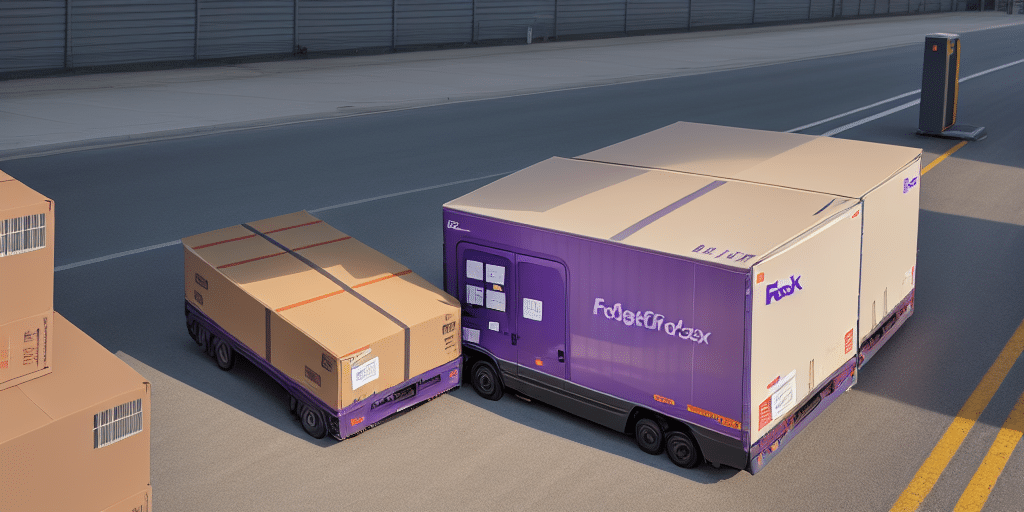 Two FedEx delivery trucks, sporting purple and beige branding, are parked by a roadside. Several large brown packages rest atop and beside the trucks in an urban area near a gray fence. The use of FedEx Ship Manager ensures efficient handling amidst any address changes in their route.