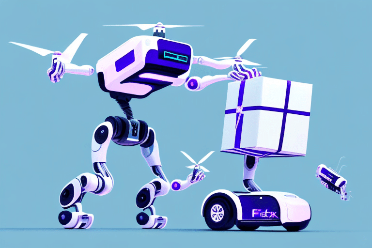 A futuristic robot with four arms is placing a package onto a compact delivery vehicle, while a drone hovers nearby. Against a light blue background, the sleek design echoes the efficiency of FedEx Ship Manager in this modern scene.