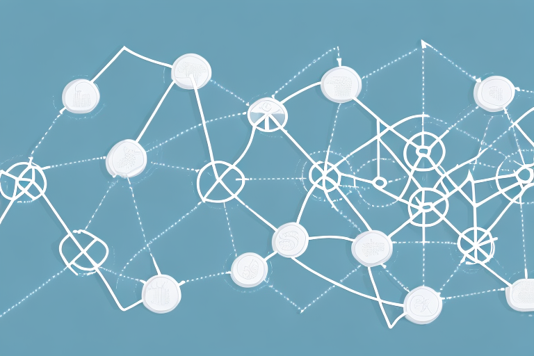 A comprehensive guide diagram unfolds with interconnected white circles on a blue background, each containing icons that represent different logistics elements or systems. Lines weave between circles, signaling connections and relationships within this intricate network.