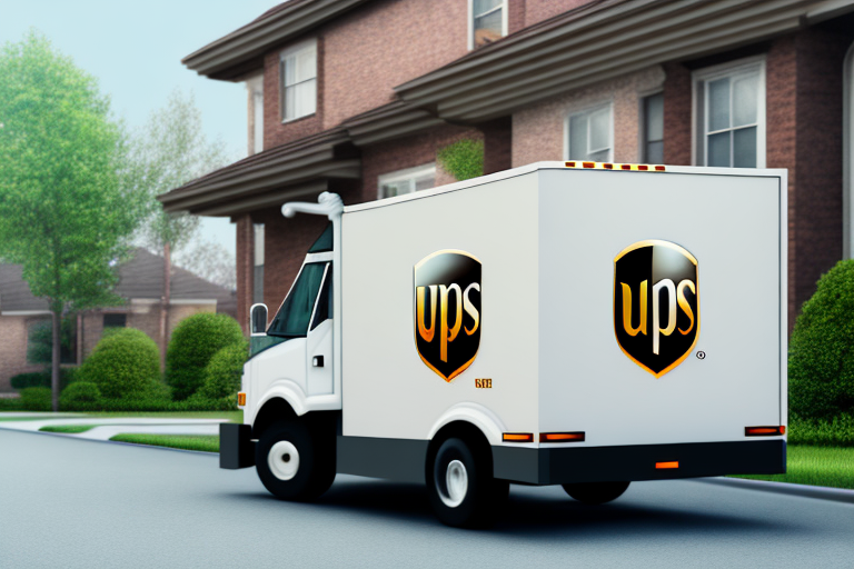 A UPS delivery truck, with its iconic logo, is parked on a suburban street in front of brick houses and lush green lawns. Catering to residential addresses, UPS even delivers on Saturdays, ensuring your packages arrive with timely precision.