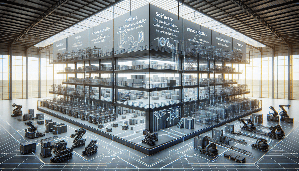 A futuristic warehouse with multiple levels, featuring Dematic robotic arms and Swisslog conveyor belts. Transparent walls display digital information about software, virtual logistics, and collaboration. This high-tech and organized environment showcases a seamless blend of advanced systems.