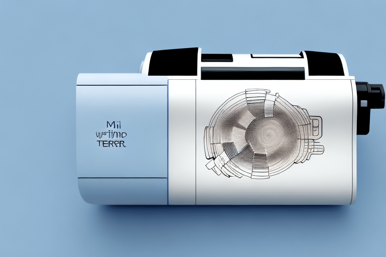 Close-up of a cylindrical thermal printer with a detailed circular diagram on one side, displaying various segments. The words M1INO TERRA are printed on the devices surface. The background is a solid light blue, providing a sleek contrast to this innovative design.