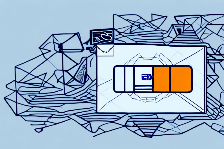 Abstract illustration featuring an overlapping outline of envelopes with a central stylized delivery package displaying an en text. The background is a soft blue with geometric lines, reminiscent of the interface used in tools like FedEx Ship Manager.