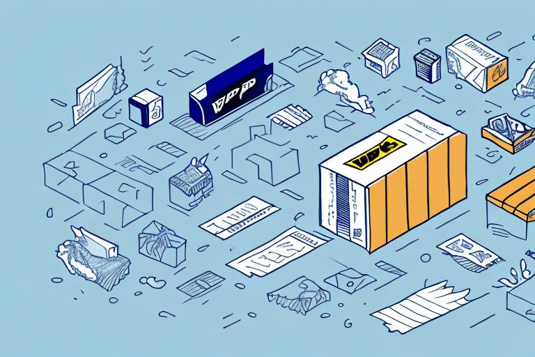 An illustration of various packages and parcels flying through the air against a blue background. Some boxes have shipping labels, suggesting a Signature Request in transit. Different shapes and sizes imply dynamic movement, highlighting the bustling concept of UPS Worldship delivery.