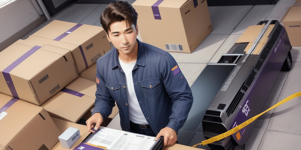 A man in a denim jacket is standing in a warehouse, managing packages with the aid of FedEx Ship Manager. He holds a clipboard and appears focused on his task. Large cardboard boxes surround him, and a conveyor belt is visible nearby, seamlessly assisting with Address Book Transfer requests.