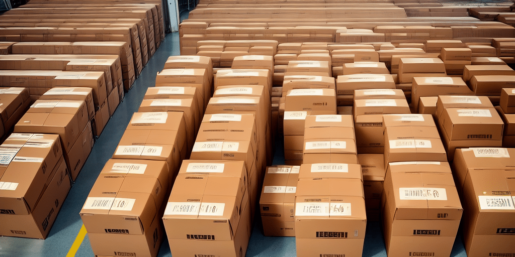 Stacks of large, brown cardboard boxes neatly arranged in rows on the warehouse floor await shipment. Each box is sealed and marked with labels, complete with leading zeros for zip codes, reflecting organized inventory management and seamless integration with UPS Worldship.