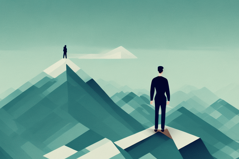 Illustration of two people standing on separate mountain peaks. One person is in the foreground, wearing a dark suit, looking at another in the distance against a backdrop of stylized mountains under a blue sky, embodying the spirit to take risks and reap the rewards.