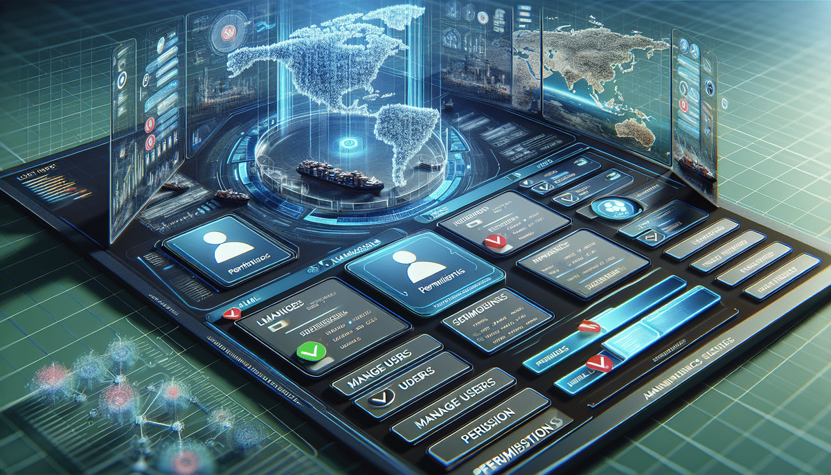 A futuristic digital interface displays a 3D hologram of Earth, surrounded by virtual screens with FedEx Ship Manager settings and maps. Buttons for managing users and permissions are visible, all on a grid-like background.