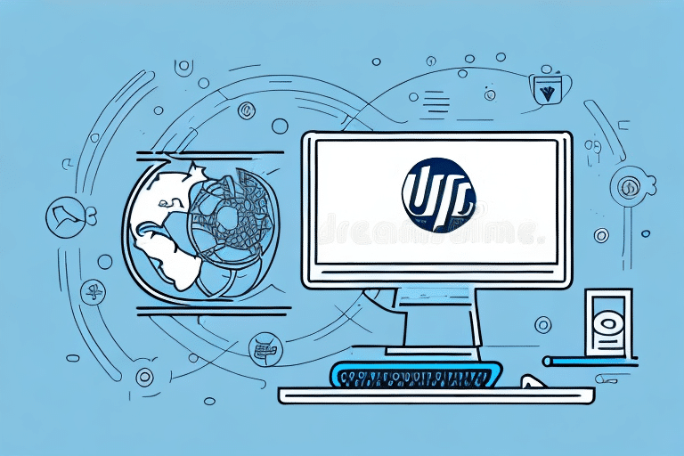 Illustration of a computer with a USP logo on the screen, next to a globe and various digital icons. The background is blue with abstract circular designs, symbolizing technology, global connectivity, and features like PolicyManager for seamless troubleshooting.