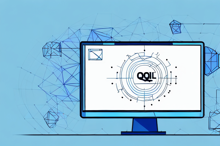 A dynamic illustration depicts a computer monitor displaying a digital interface featuring SQL at the center, surrounded by geometric lines and patterns. The blue backdrop with connected wireframe cubes symbolizes an established SQL connection in action.