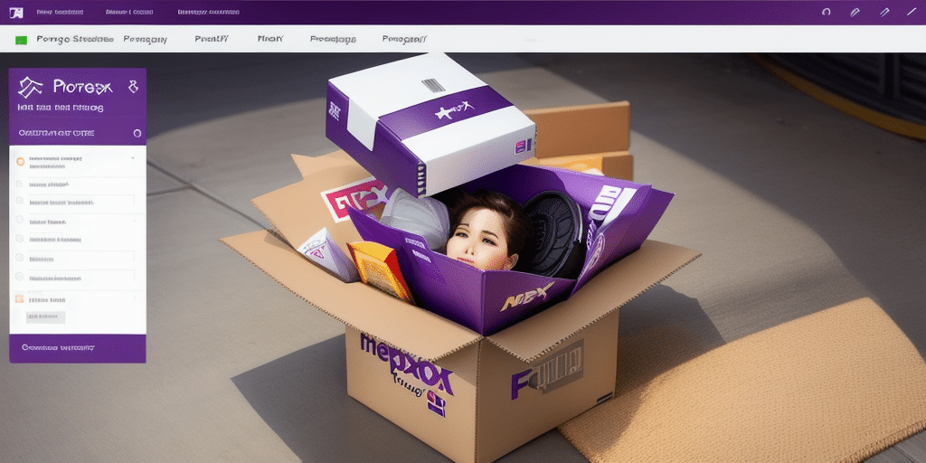 A desktop screen displays various icons and text in a foreign language. In the foreground, a cardboard box labeled NEX contains a womans photo and a white shoe box. The background, with its purple border and navigation options, hints at Proxy Settings adjustments.