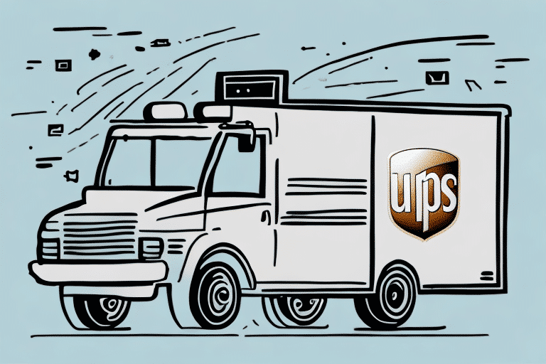 A cartoon-style illustration of a delivery truck with the UPS logo on its side and UPS WorldShip subtly integrated. The truck zooms forward, depicted with dynamic lines and small envelope icons around it, set against a light blue background, symbolizing streamlined deliveries.