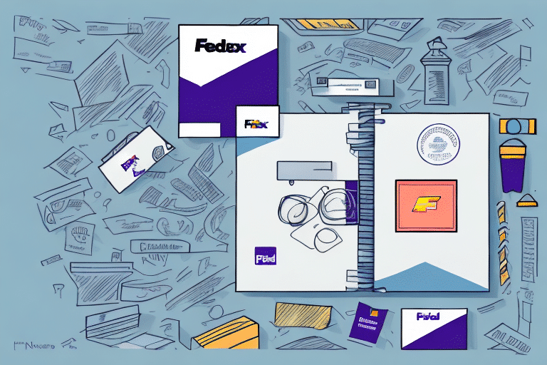 An illustration of a desk with scattered postal items, featuring FedEx Ship Manager prominently alongside a notebook, glasses, and pens. The scene includes envelopes, labels, and a to-do list brimming with additional references for organizing shipments efficiently.