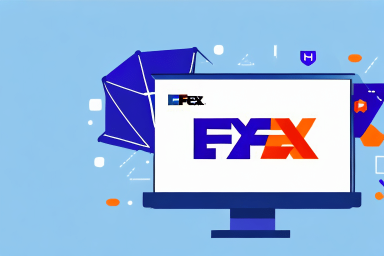 A computer monitor displays the FXEX logo while a dark blue umbrella and various geometric shapes decorate the background, set against a light blue backdrop. For troubleshooting Ursa not updating in FedEx Ship Manager, ensure all software components are correctly installed and updated.