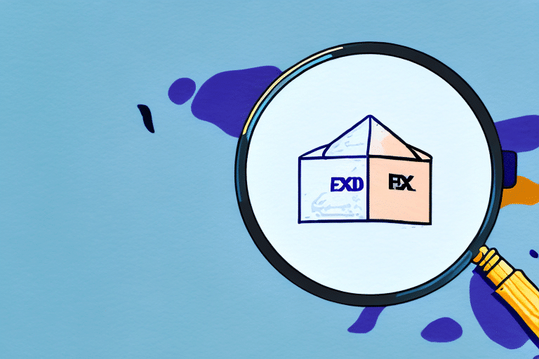 A hand holding a magnifying glass focuses on a paper icon with EXD text on one fold and PX on the other, reminiscent of a FedEx Ship Manager interface, set against a blue background with abstract shapes.