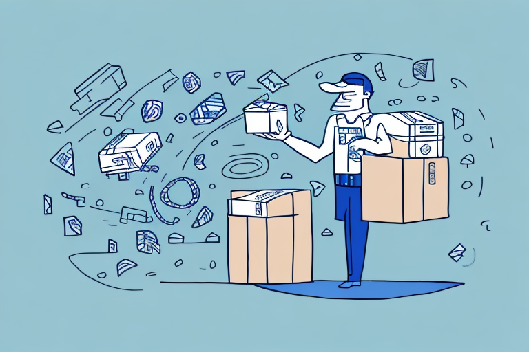 Illustration of an independent contractor in uniform, holding a small package in one hand and a larger box in the other, surrounded by swirling abstract shapes and courier icons on a blue background.