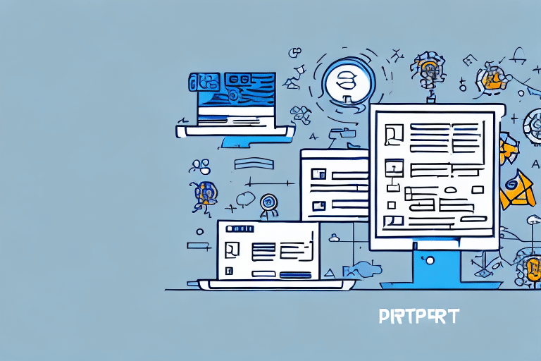 Illustration of digital devices and documents interconnected, symbolizing data sharing and networking. The design features icons of computers, tablets, and cloud storage against a light blue background, akin to setting up a seamless distribution list in UPS Worldship for efficient logistics management.