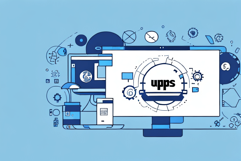 A blue-themed illustration of a computer screen displays the word upps, surrounded by various technology-related icons, gears, and abstract shapes. This creative depiction hints at concepts like digital technology and innovation, with a nod to admin settings in the intricate design elements.