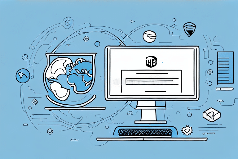 Illustration of a computer monitor displaying a webpage, enhanced with digital icons and abstract designs. A globe lies beside the monitor, symbolizing global connectivity. The scene, set against a light blue background, hints at how Remote Workstations enable seamless interaction anywhere.