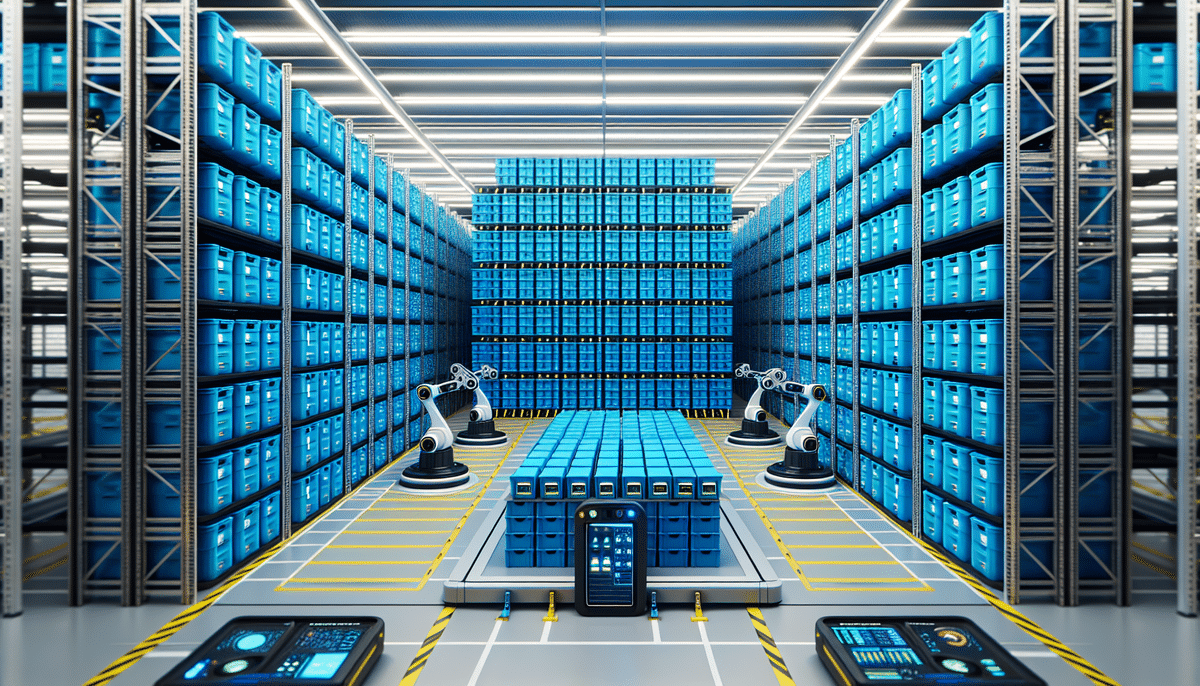 A futuristic warehouse with rows of blue storage crates efficiently floor stacked to maximize space. Three robotic arms organize the crates on a central platform. Bright LED lights illuminate the spacious interior with metallic structures, highlighting cutting-edge space optimization.