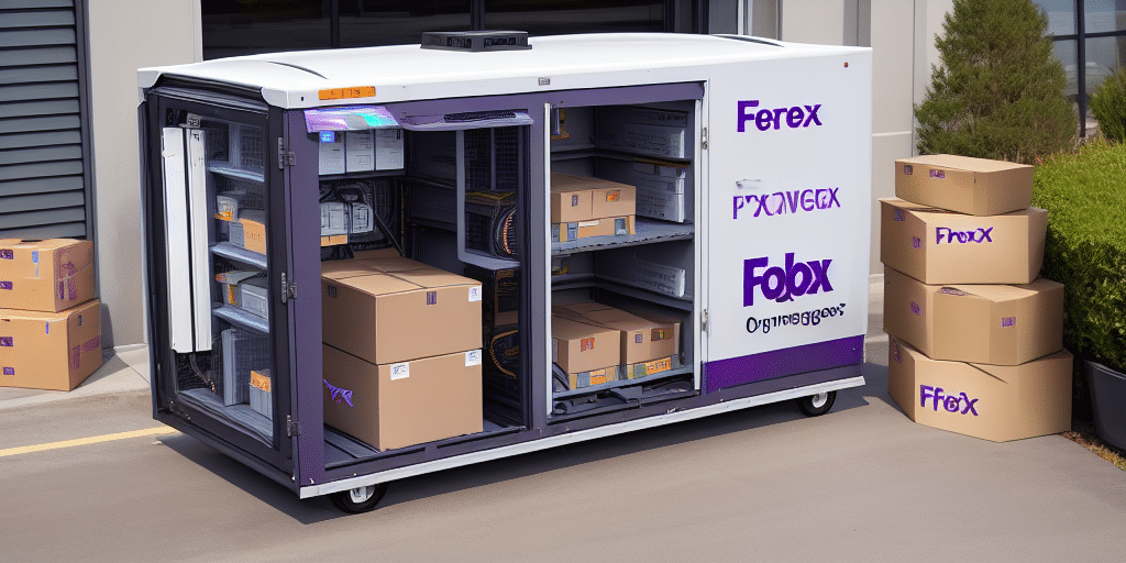 A large delivery container labeled Fobex is open, revealing shelves filled with boxes. Several similar boxes are stacked outside, all branded with the same logo. The container, reminiscent of a FedEx Ship Manager setup, is situated outdoors on a paved surface.