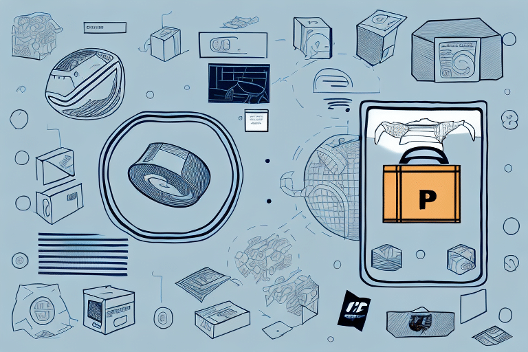 A complex abstract illustration features geometric shapes, cubes with markings, a central image of a partially open can, and a briefcase with a P inside. Reminiscent of an Intercept a Package concept, the light blue background is adorned with intricate patterns.