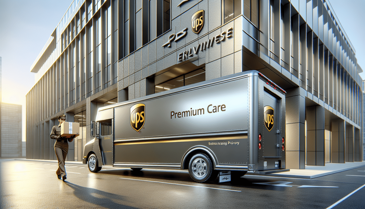 A UPS delivery truck, boasting the benefits of UPS Premium Care, is parked in front of a modern office building. A delivery person carries a package towards the entrance, while the sun casts a warm glow on the scene.