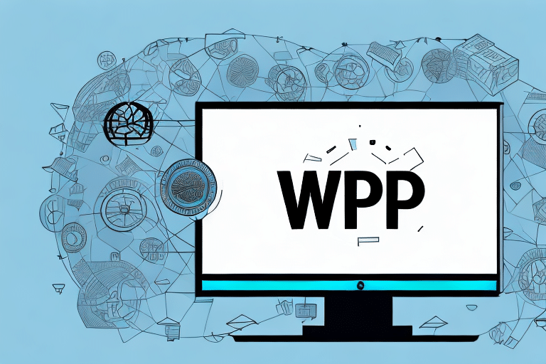 A computer monitor displaying the acronym WPP against a white background. Surrounding the monitor are abstract illustrations of various digital and communication icons, set on a light blue background, suggesting steps to fix UPS print errors or address Worldship printing issues efficiently.