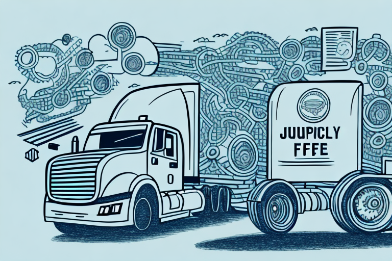 Illustration of a futuristic truck seamlessly integrated into the supply chain, with interconnected gears and cogs. The trailer bears JUUPICLY FFFE. This design in shades of blue showcases a concept of advanced machinery and efficient transportation.