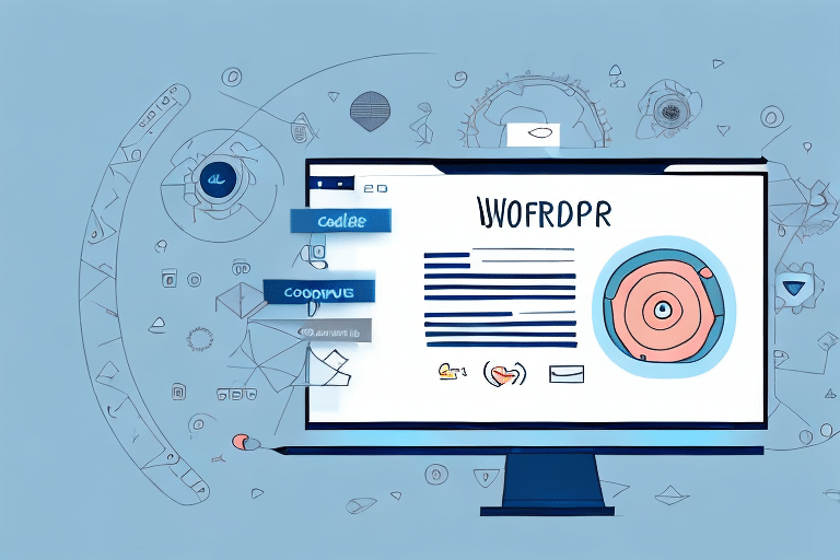 A computer monitor displays a stylized dashboard with icons and text symbols, set against a blue background with abstract technological elements, including gears and digital symbols. Among them, the Find feature lets users easily locate shared admin files efficiently.