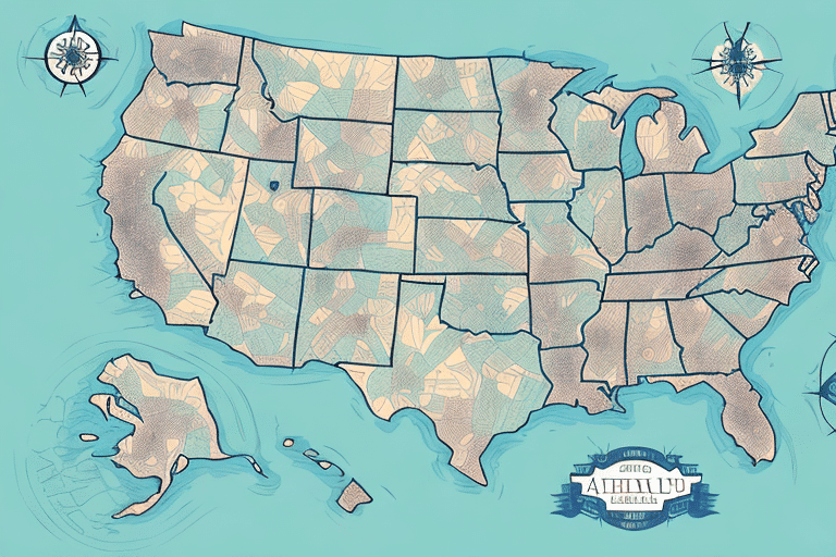 The illustrated map of the United States, infused with a vintage style, outlines all states and boasts nautical elements like compass roses in the corners. Perfect for those interested in shipping needs, it whimsically labels areas such as America Archipelago.