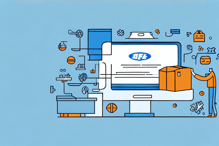 A person moves a package onto a conveyor belt connected to a large monitor, where the screen displays a blue logo resembling DPE. Icons and gears suggest tech and logistics, reminiscent of UPS WorldShips dynamic interface.