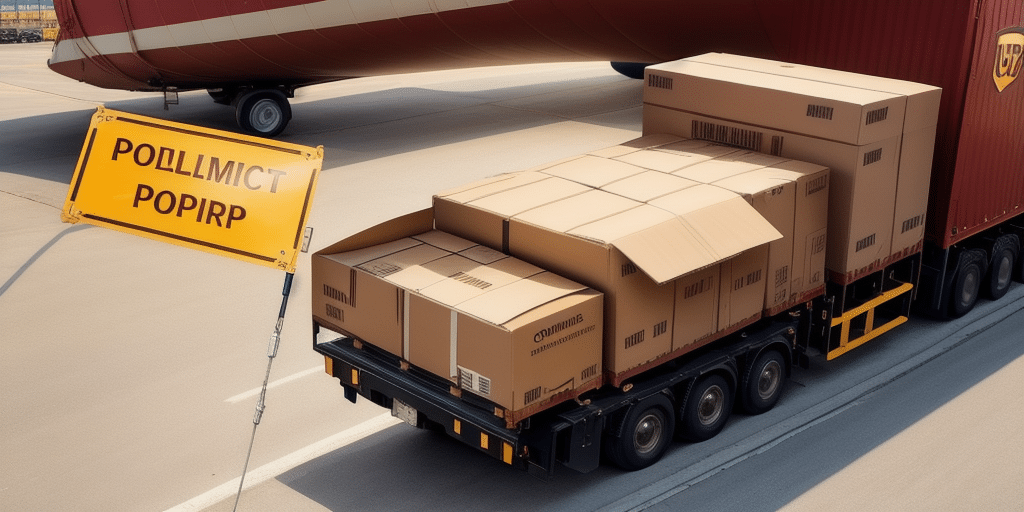 A truck loaded with large cardboard boxes is parked on an airport runway next to an airplane. A yellow warning sign with text in an unreadable language is visible beside the truck, reminiscent of the precise logistic operations involved in a UPS WorldShip migration utility project.