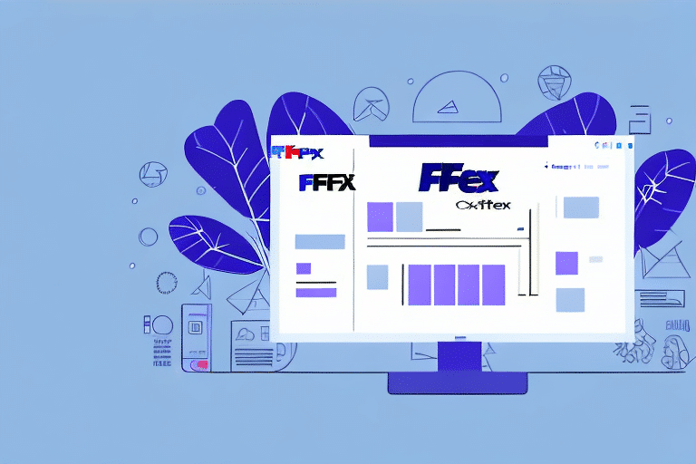 A computer monitor displays a user interface with the text FFEX and various charts, reminiscent of FedEx Ship Managers efficient design. The background features abstract leaf designs and geometric shapes, while the blue and purple color scheme adds a modern touch.