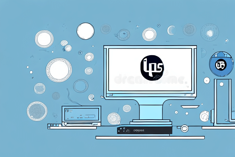 A digital illustration presents a single workstation featuring a desktop computer against a light blue background. The monitor displays a logo with Arabic script, while coins and tech devices, including a hard drive, surround the setup, hinting at an administrative financial technology theme.