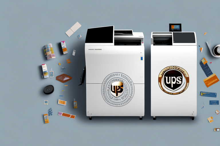 Two white UPS machines with logos are displayed against a light gray background. Assorted printed materials, such as half-printed labels, brochures, business cards, and flyers, are scattered around them, showcasing impressive printing capabilities.