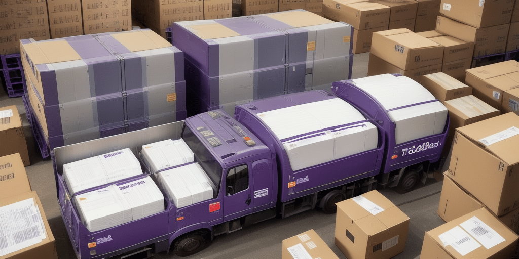 A purple and white truck with Tick&Red logos is parked in a bustling warehouse, reminiscent of a FedEx Ship Manager hub, surrounded by stacks of cardboard boxes suggestive of label stock type arrangements for efficient logistics.